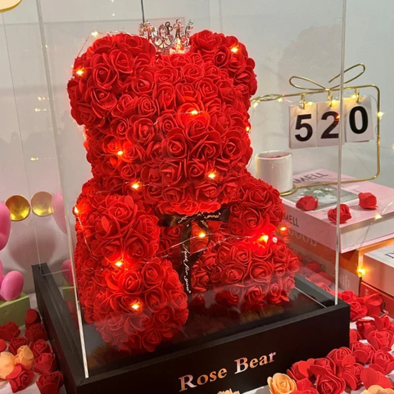 Nouvelle Rose Éternelle en Fleurs Artificielles avec Ours en Peluche - Cadeau Parfait pour Maman, Saint-Valentin, Anniversaire et Fête des Mères