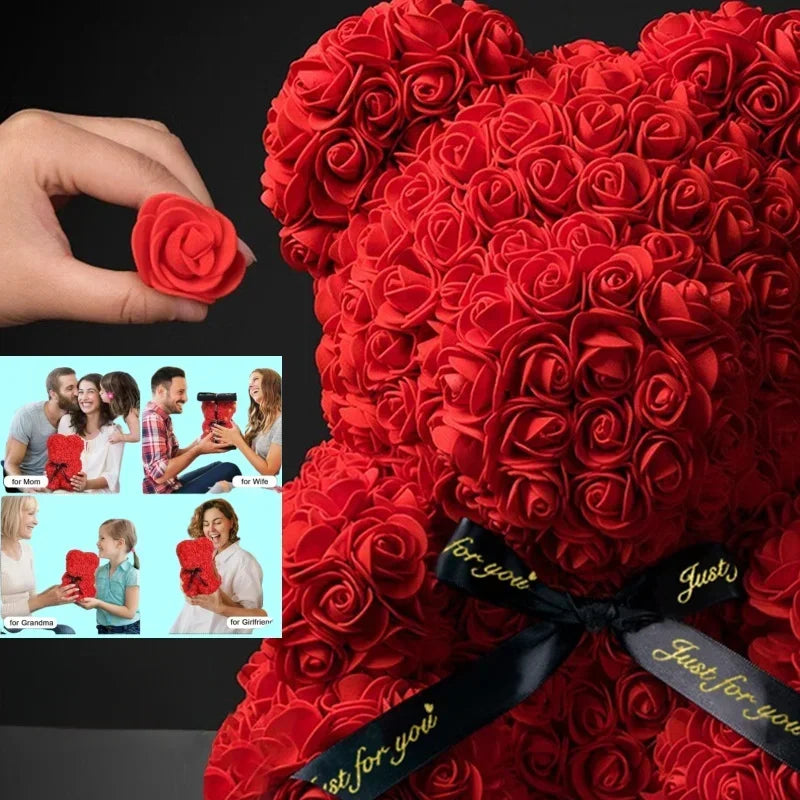 Nouvelle Rose Éternelle en Fleurs Artificielles avec Ours en Peluche - Cadeau Parfait pour Maman, Saint-Valentin, Anniversaire et Fête des Mères